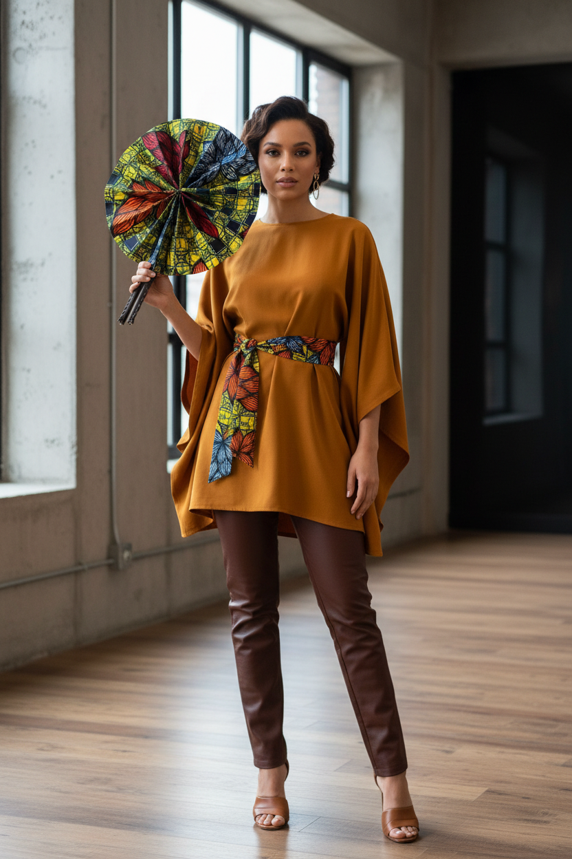 Femme en tenue moderne utilisant l'éventail en wax et cuir
