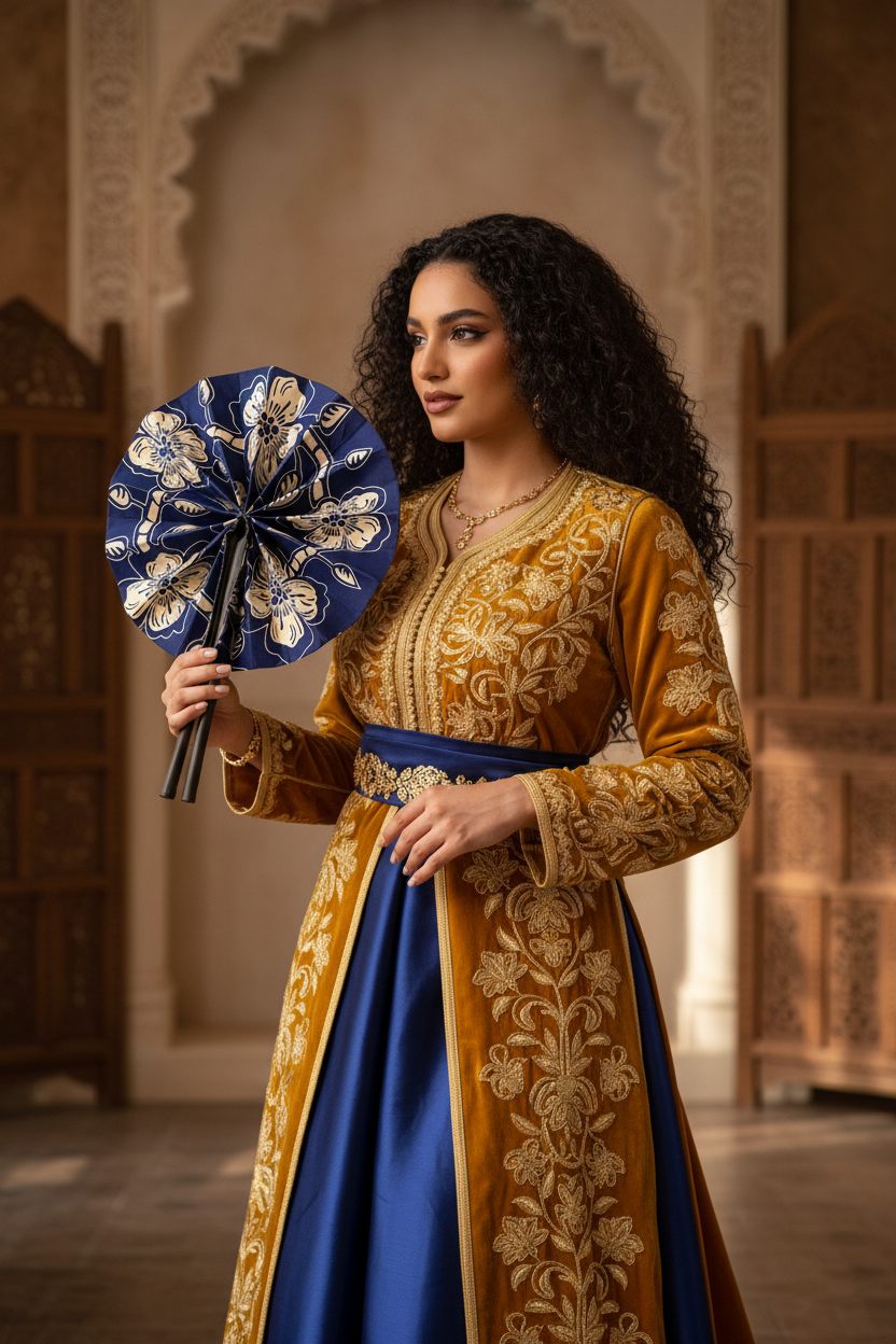 Femme en tenue traditionnelle algérienne utilisant l'éventail en wax et cuir