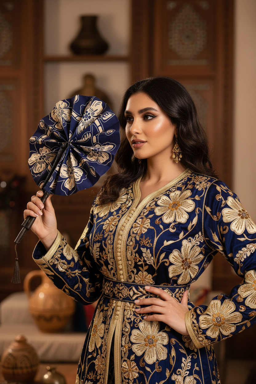 Femme en tenue traditionnelle algérienne utilisant l'éventail en wax et cuir