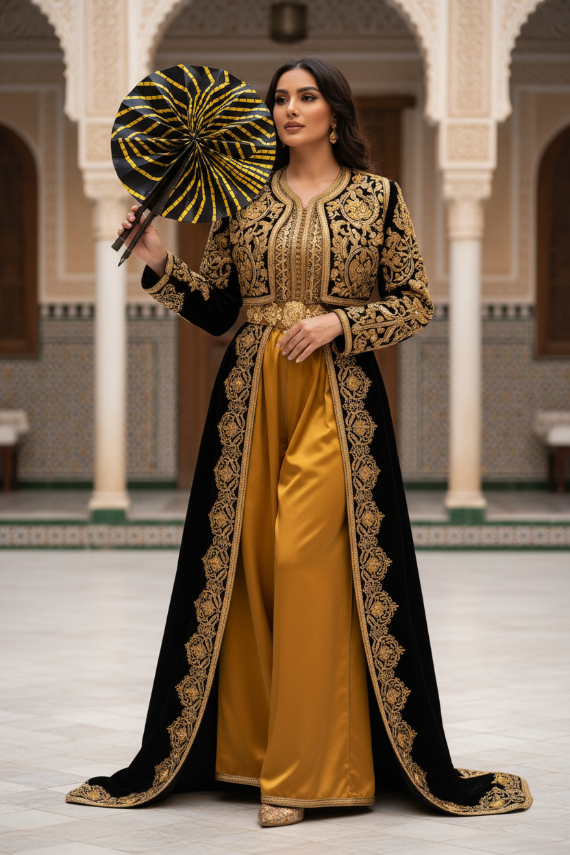 Femme en tenue traditionnelle algérienne utilisant l'éventail en wax et cuir