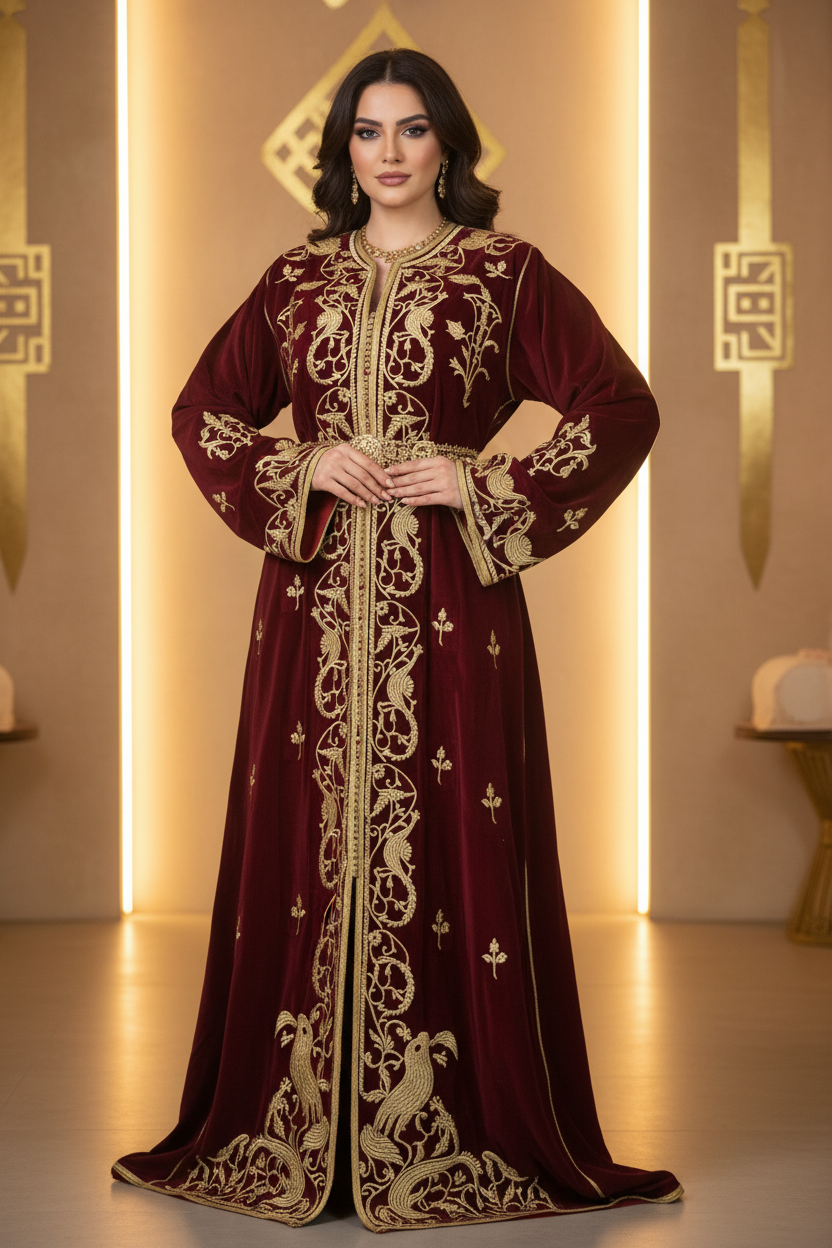 Kaftan Algérois en velours brodé or porté par une femme élégante