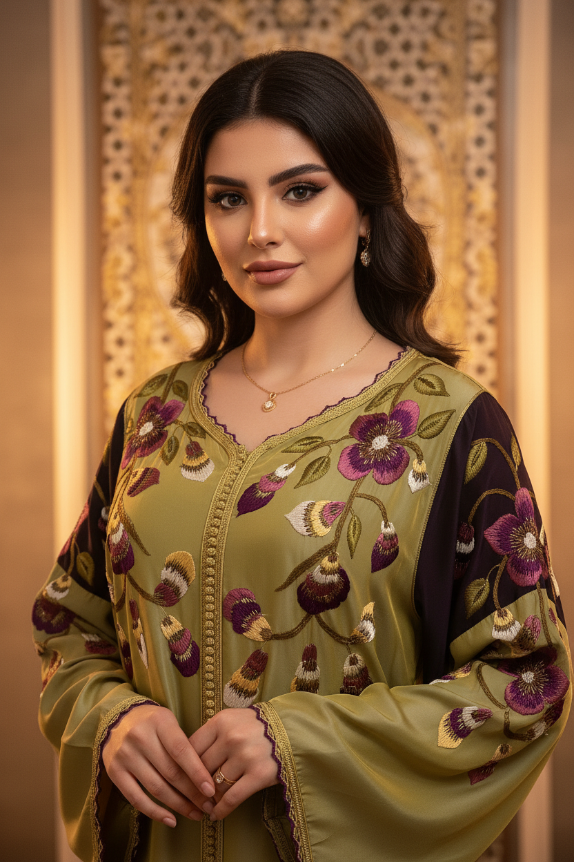 Kaftan d'occasion en vert fleur brodé porté par une femme élégante