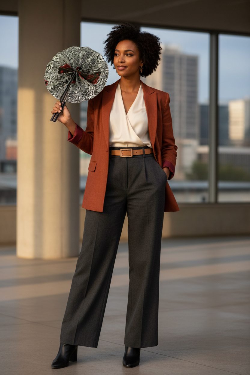 Femme en tenue moderne utilisant l'éventail en wax et cuir