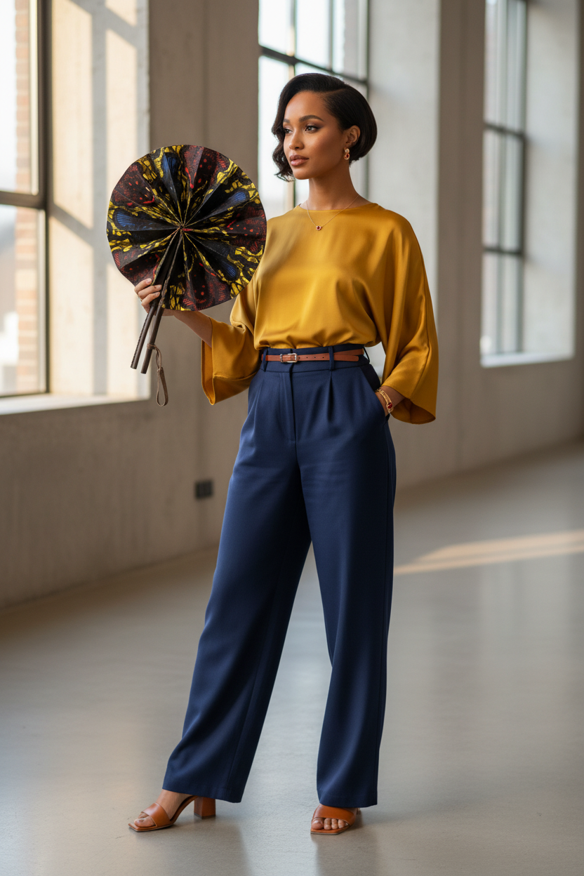 Femme en tenue moderne utilisant l'éventail en wax et cuir