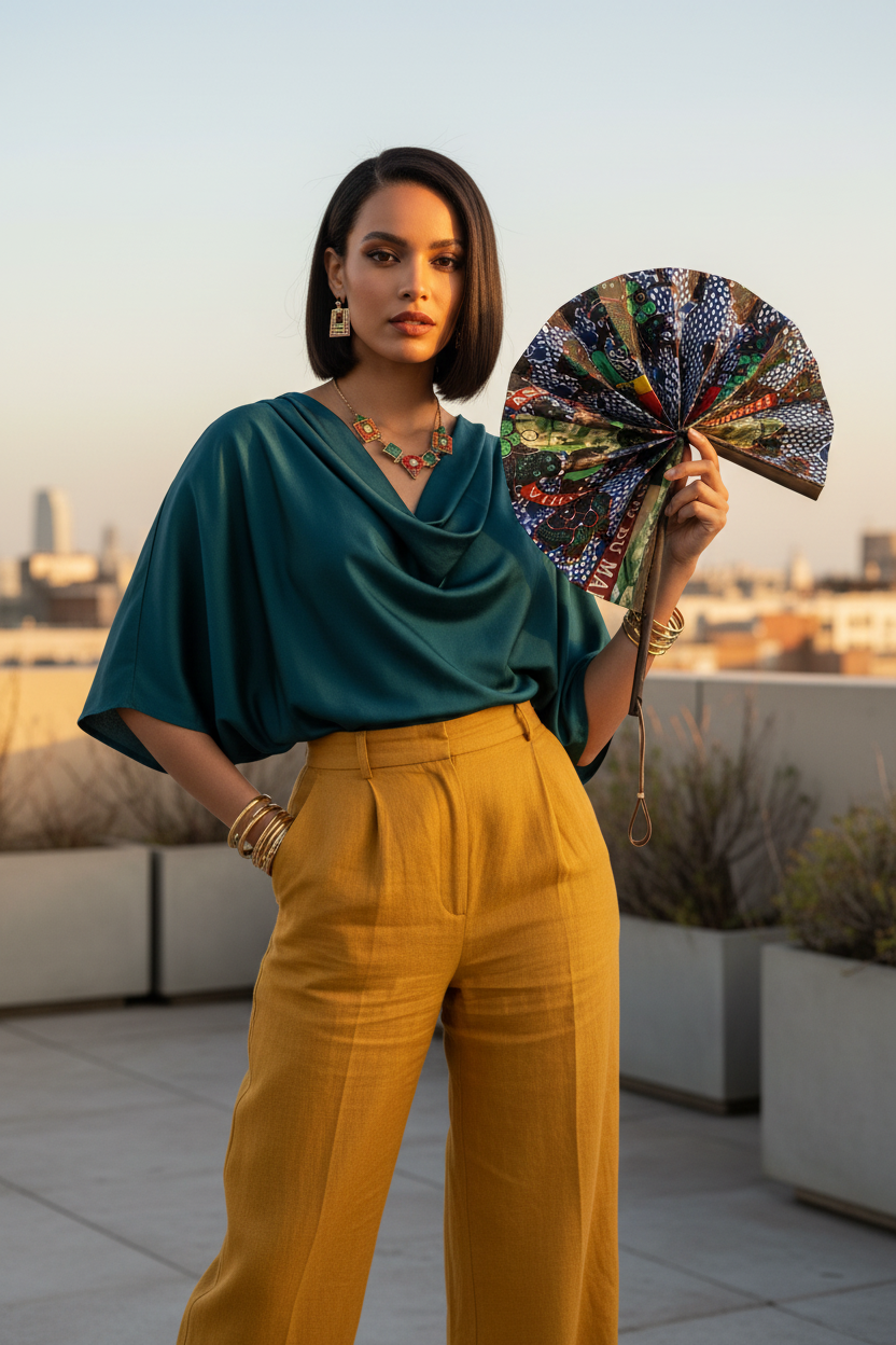 Femme en tenue moderne utilisant l'éventail en wax et cuir