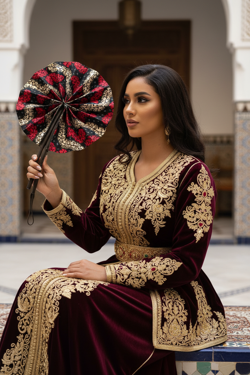 Femme en tenue traditionnelle algérienne utilisant l'éventail en wax et cuir