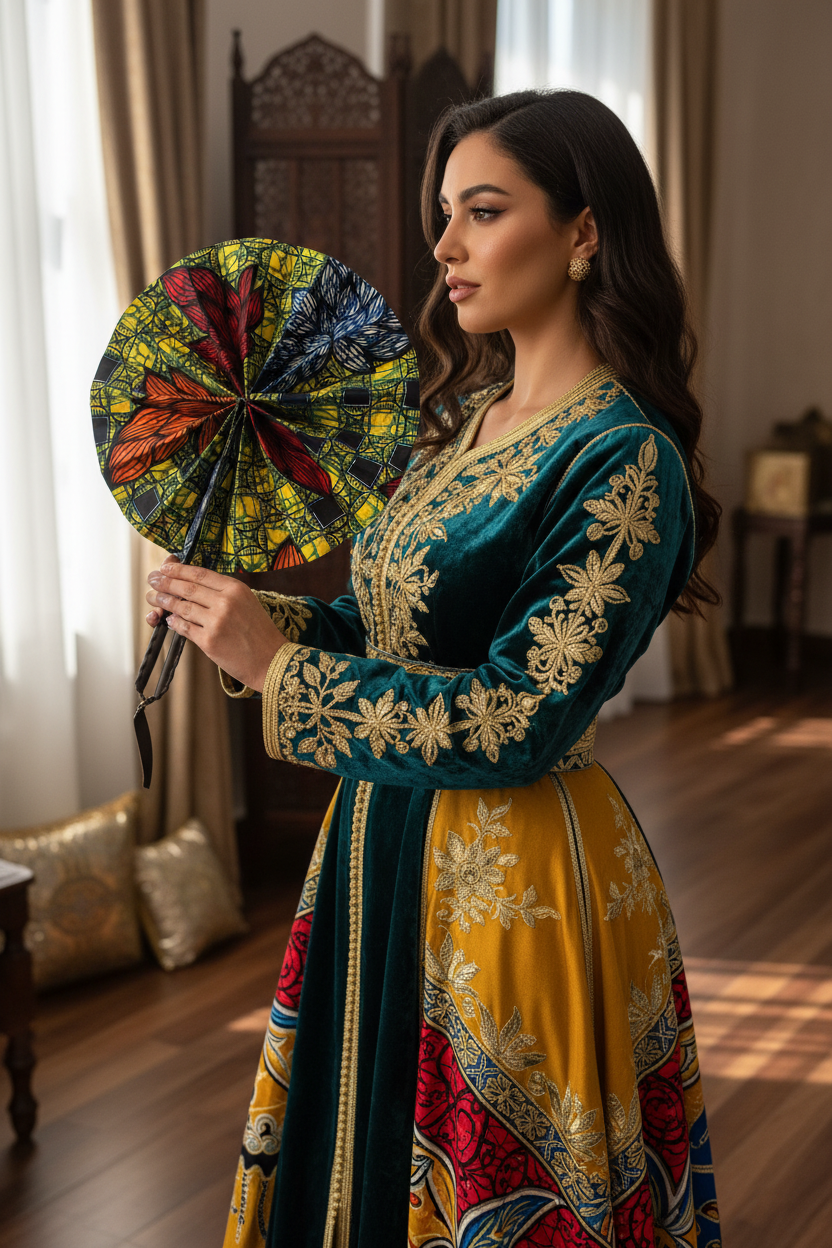Femme en tenue traditionnelle algérienne utilisant l'éventail en wax et cuir