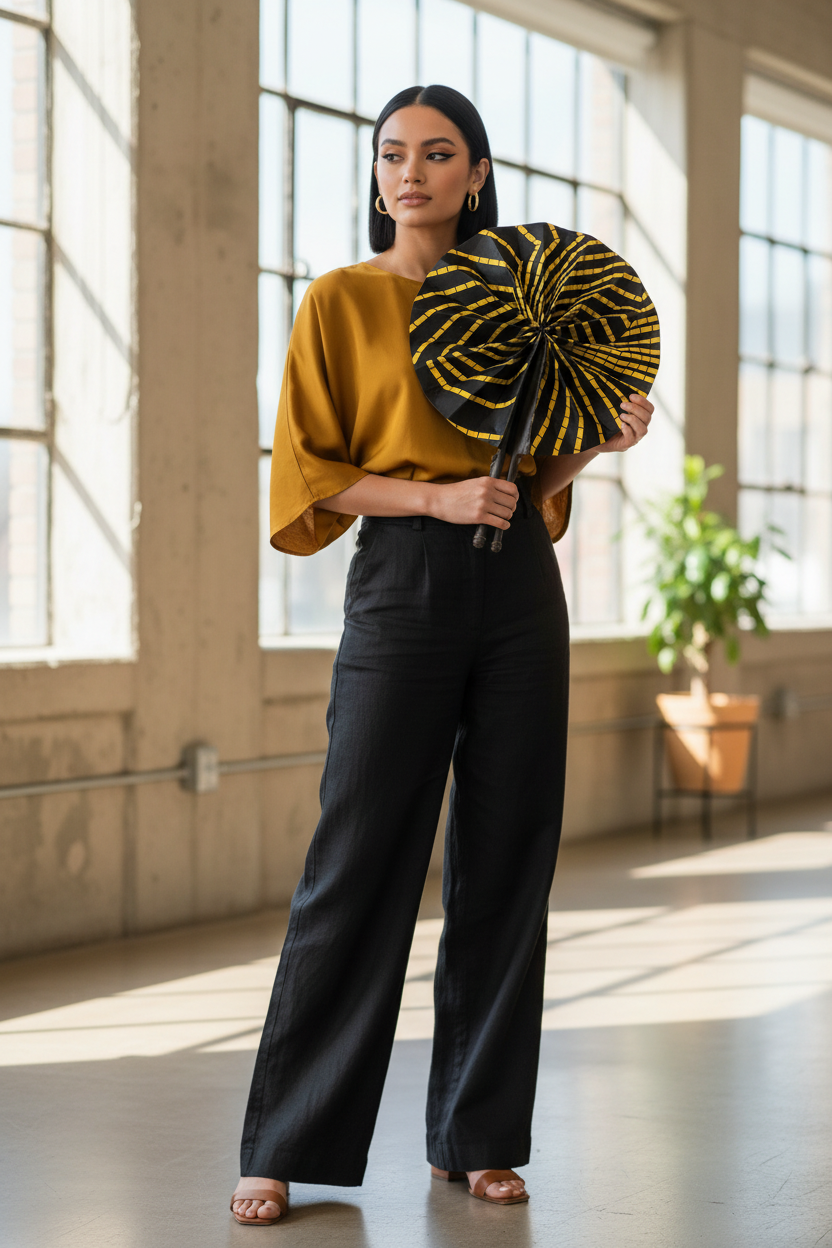 Femme en tenue moderne utilisant l'éventail en wax et cuir