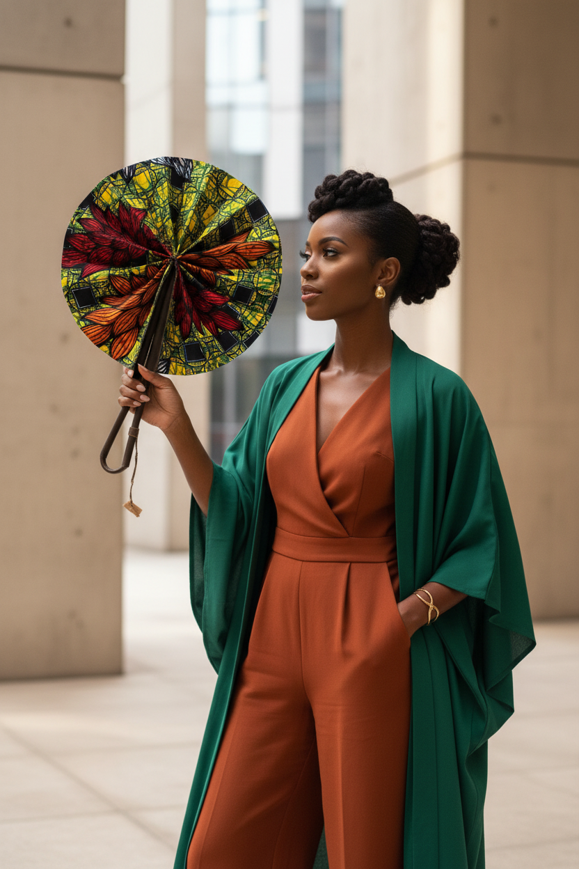 Femme en tenue moderne utilisant l'éventail en wax et cuir