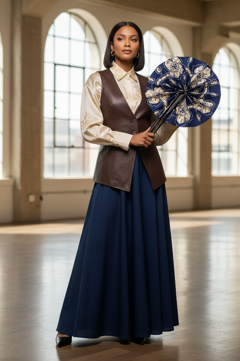 Femme en tenue moderne utilisant l'éventail en wax et cuir