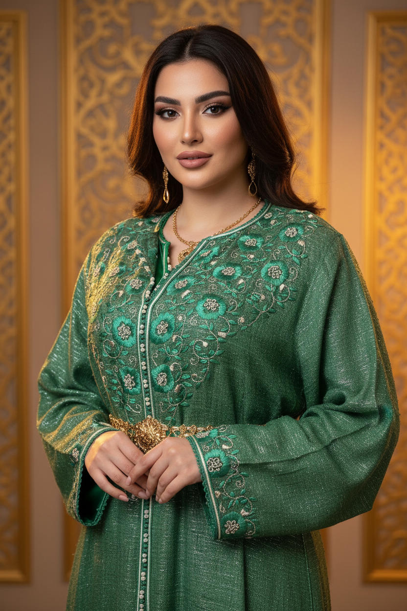 Kaftan vert émeraude d'occasion brodé or porté par une femme élégante, cadrage buste