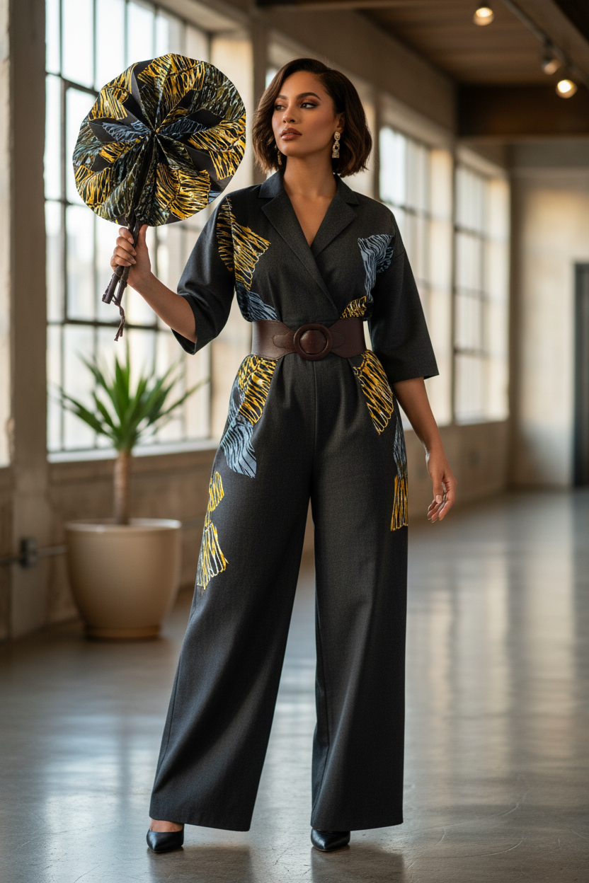 Femme en tenue moderne utilisant l'éventail en wax et cuir