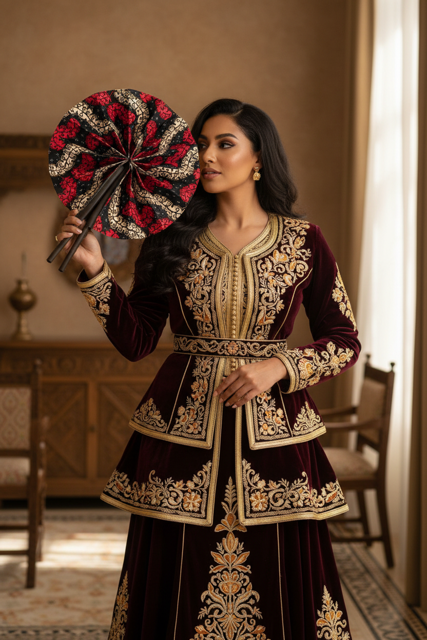 Femme en tenue traditionnelle algérienne utilisant l'éventail en wax et cuir