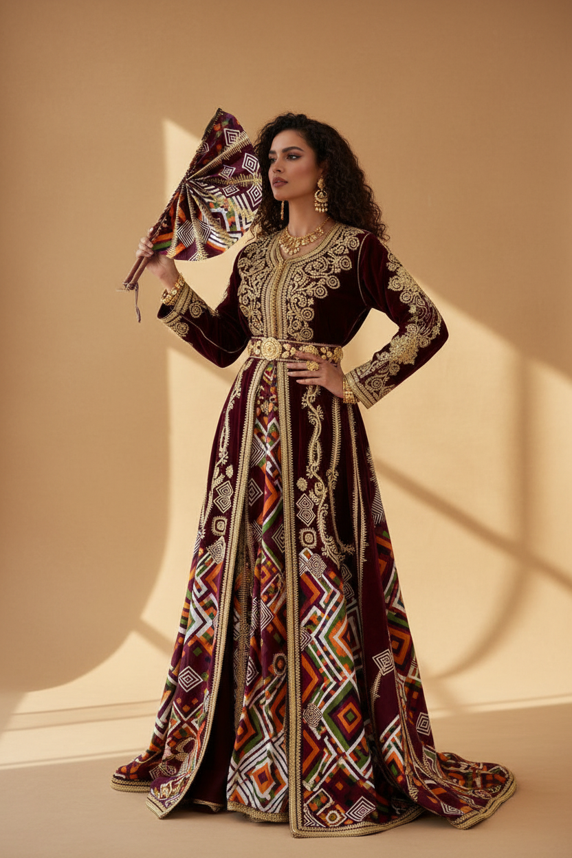 Femme en tenue traditionnelle algérienne utilisant l'éventail artisanal en wax et cuir