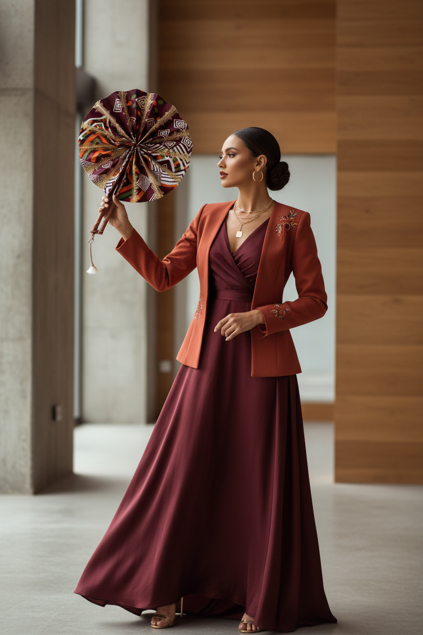 Femme en tenue moderne utilisant l'éventail artisanal en wax et cuir