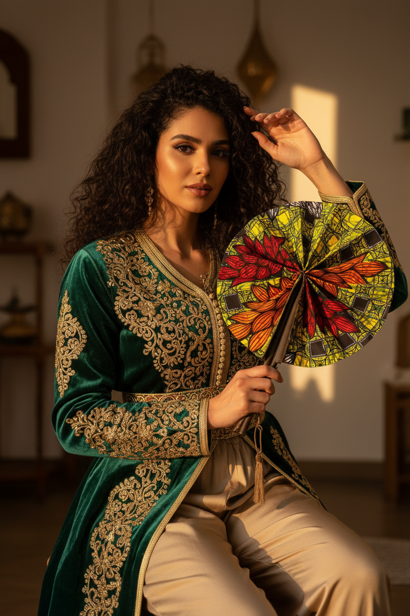 Femme en tenue traditionnelle algérienne utilisant l'éventail en wax et cuir