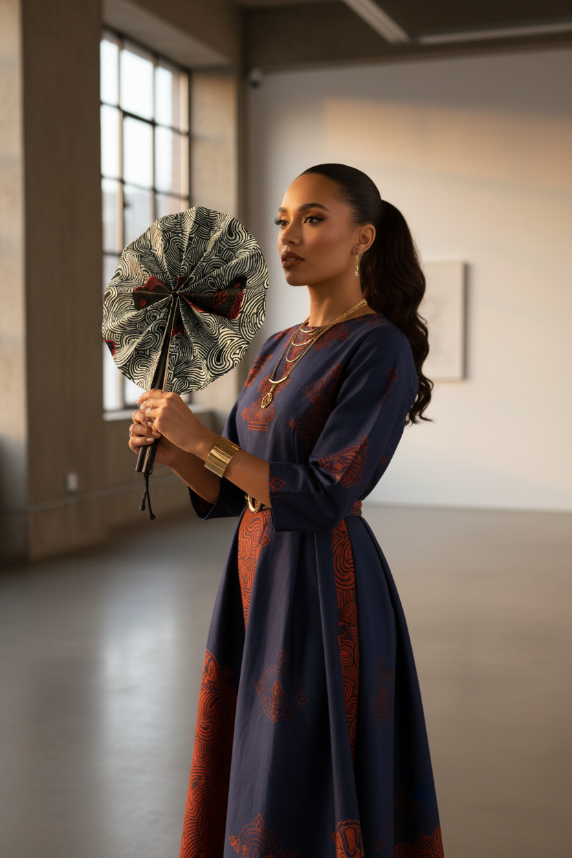 Femme en tenue moderne utilisant l'éventail en wax et cuir