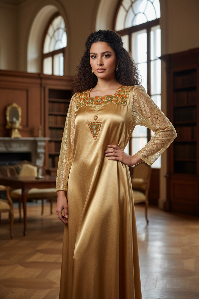 Femme portant la robe Chaouia traditionnelle avec broderie dorée