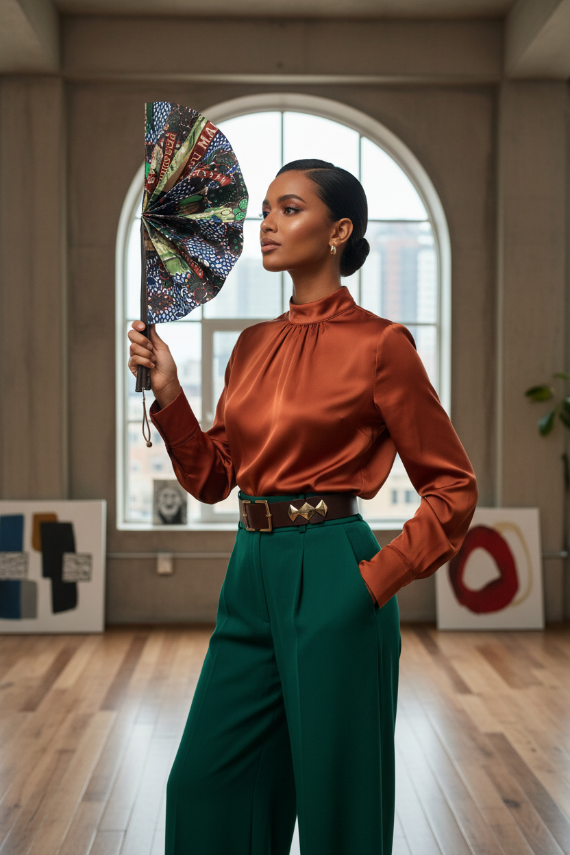 Femme en tenue moderne utilisant l'éventail en wax et cuir