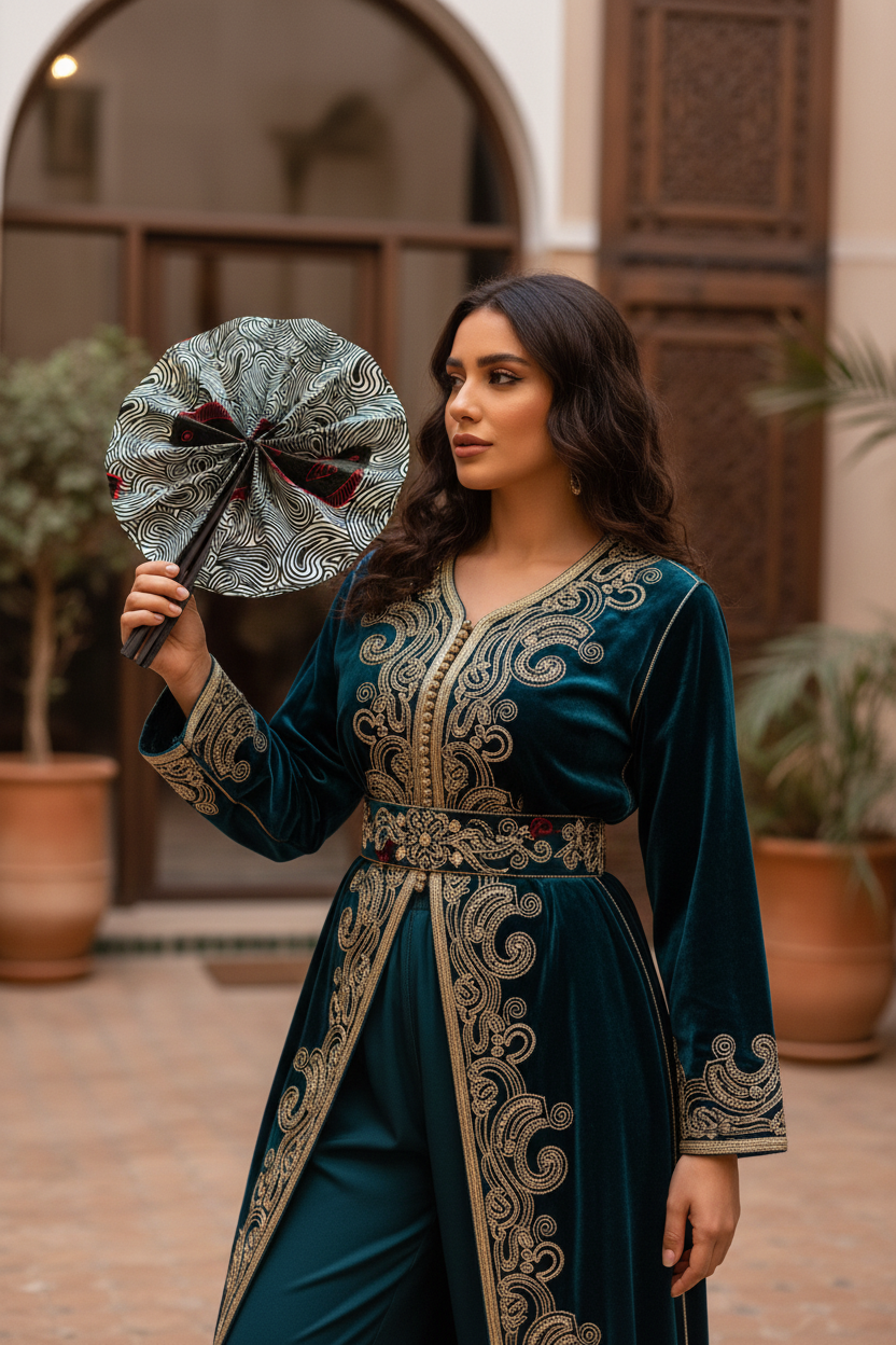Femme en tenue traditionnelle algérienne utilisant l'éventail en wax et cuir