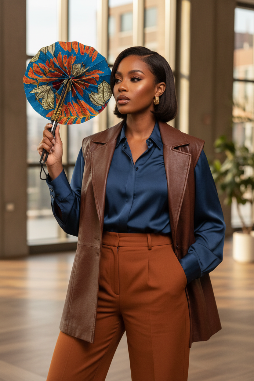 Femme en tenue moderne utilisant l'éventail en wax et cuir