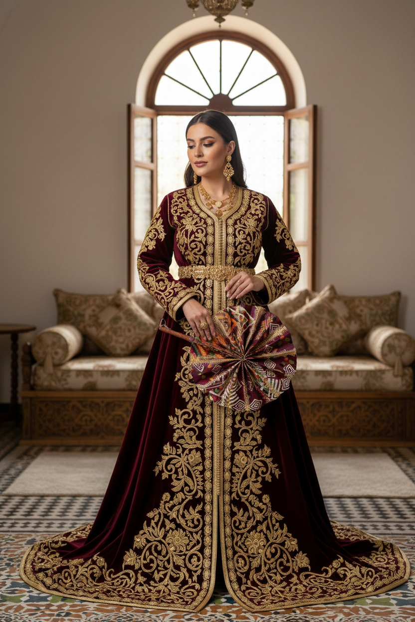 Femme algérienne en tenue traditionnelle portant l'éventail cuir et wax