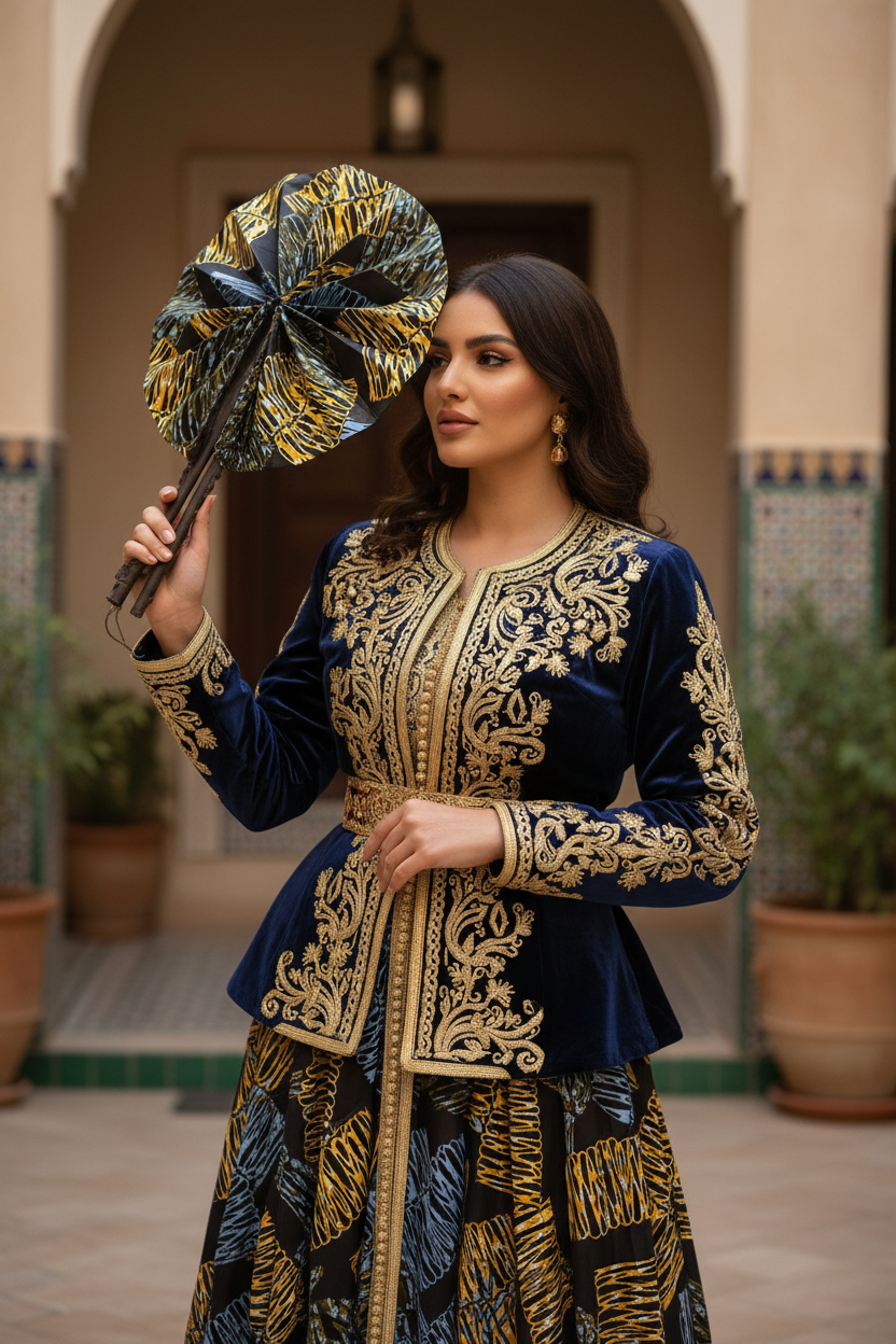Femme en tenue traditionnelle algérienne utilisant l'éventail en wax et cuir