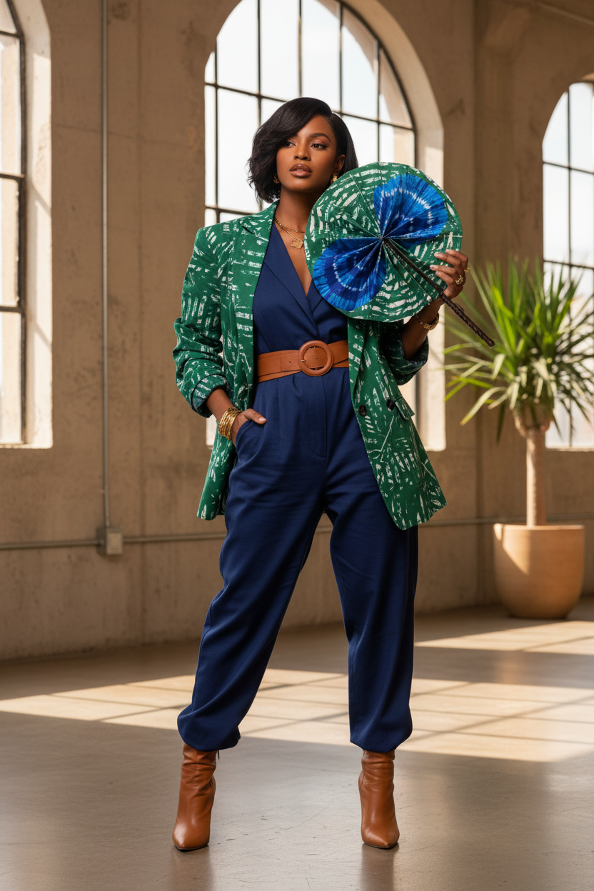 Femme en tenue moderne utilisant l'éventail en wax et cuir
