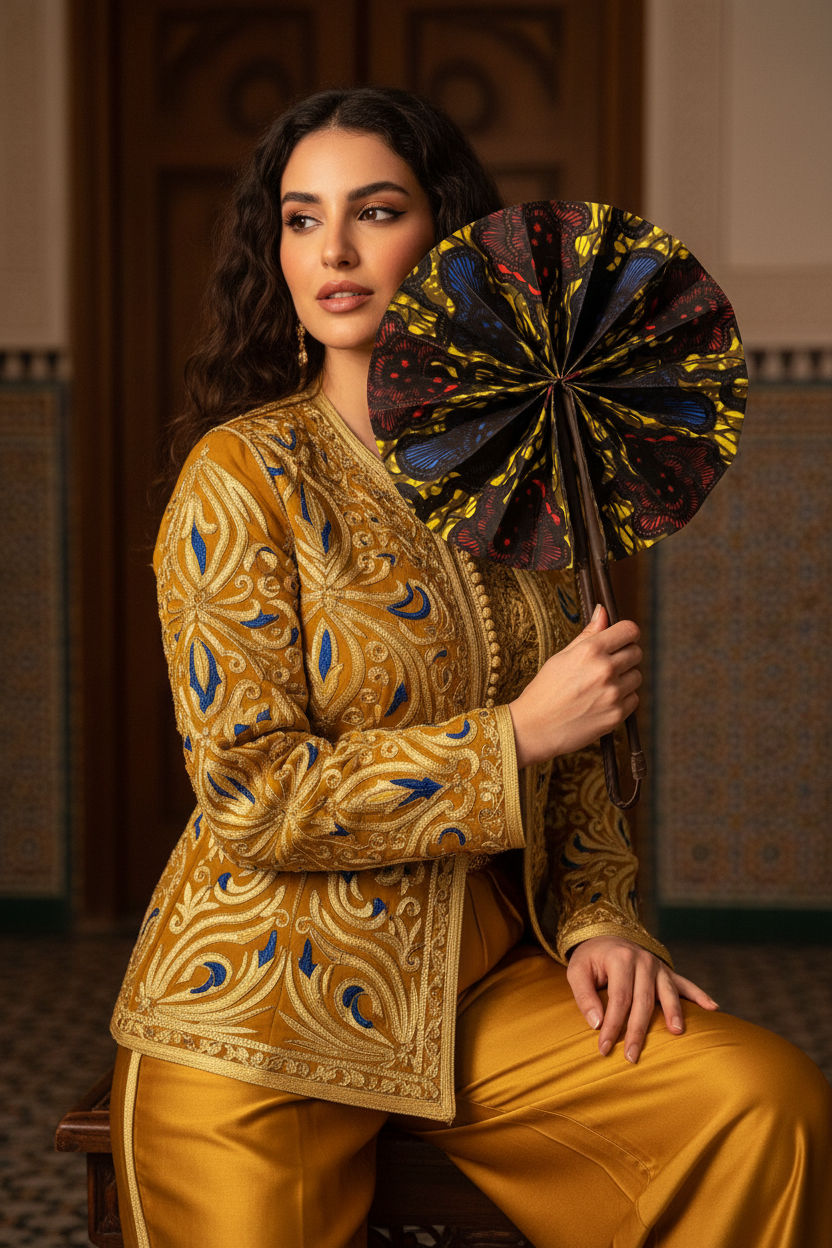 Femme en tenue traditionnelle algérienne utilisant l'éventail en wax et cuir