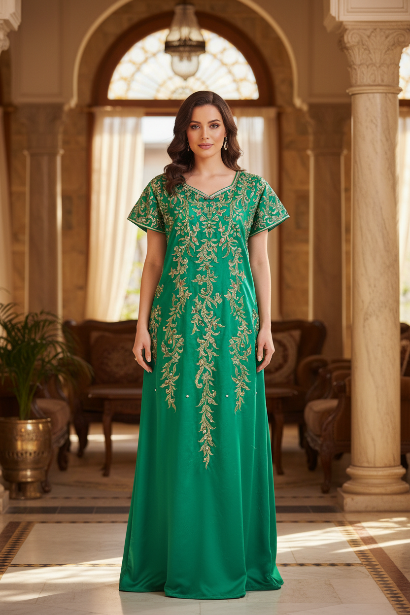 Femme portant la robe Constantinoise moderne traditionnelle avec broderie dorée