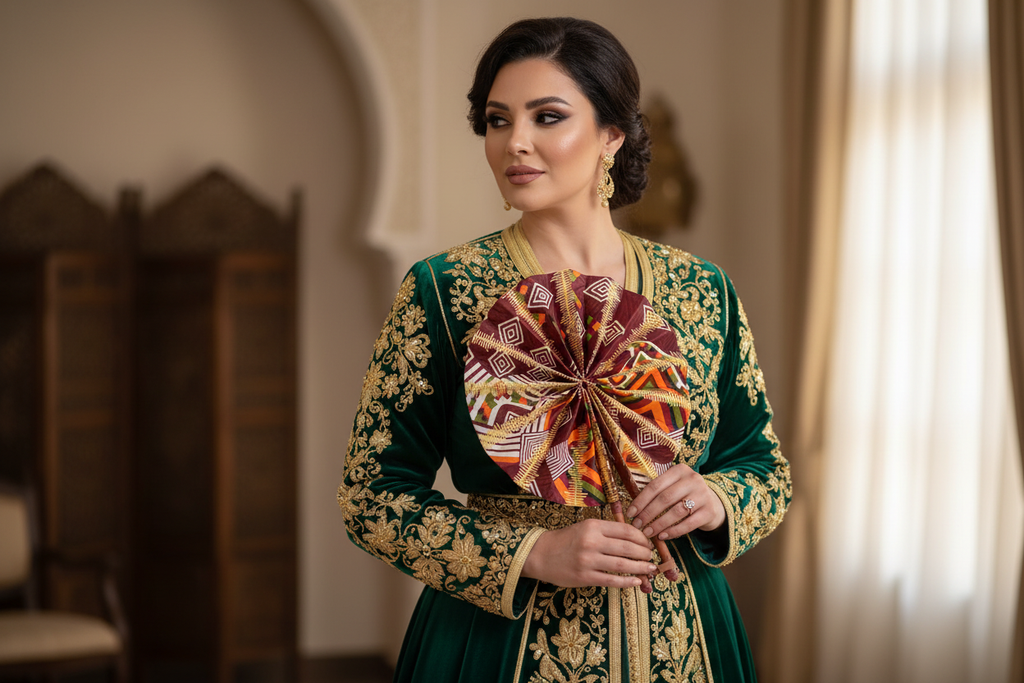 Éventail Wax et Cuir porté avec tenue traditionnelle algérienne