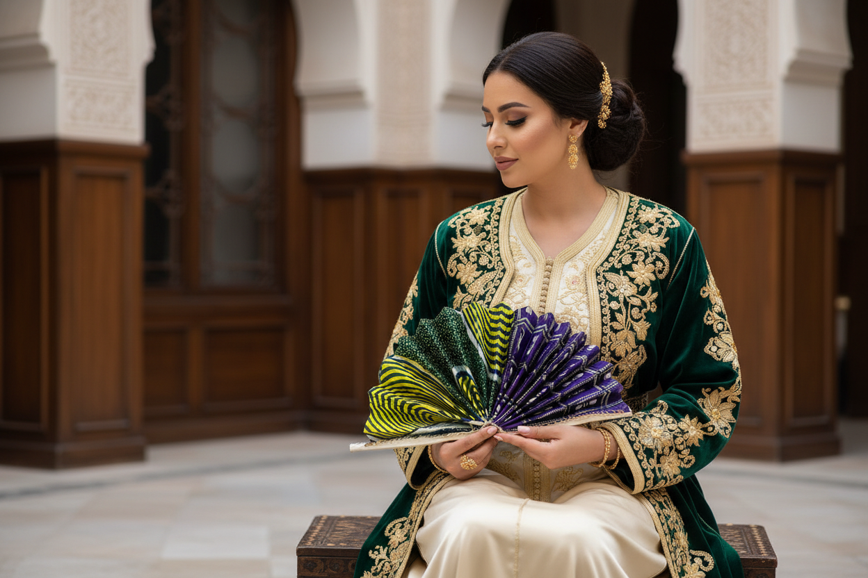 Éventail Wax et Cuir porté avec tenue traditionnelle algérienne