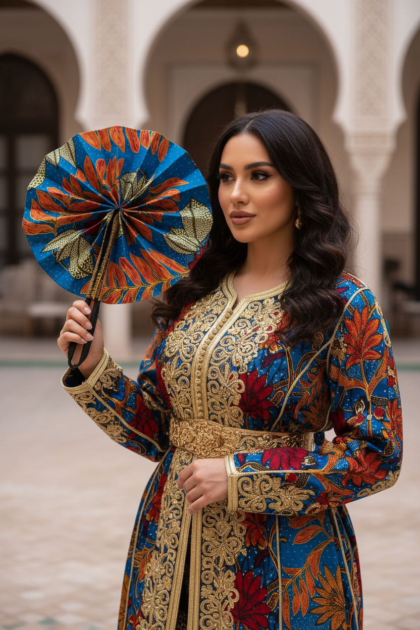 Femme en tenue traditionnelle algérienne utilisant l'éventail en wax et cuir