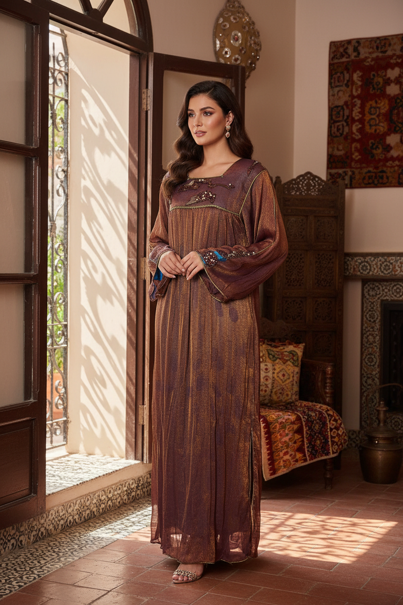 Femme portant la robe chaouia traditionnelle avec broderie dorée