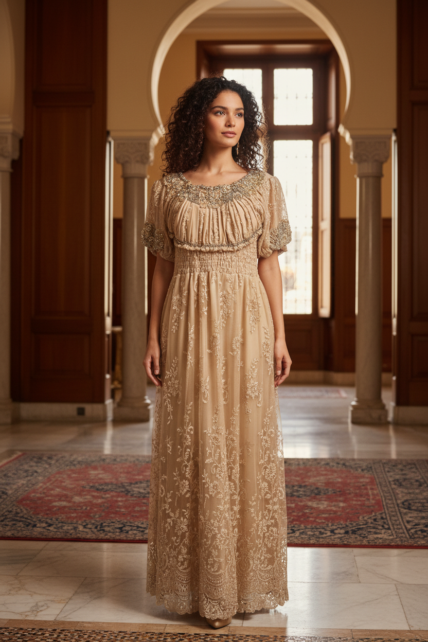 Femme portant la robe Tlemcénienne traditionnelle avec broderie dorée