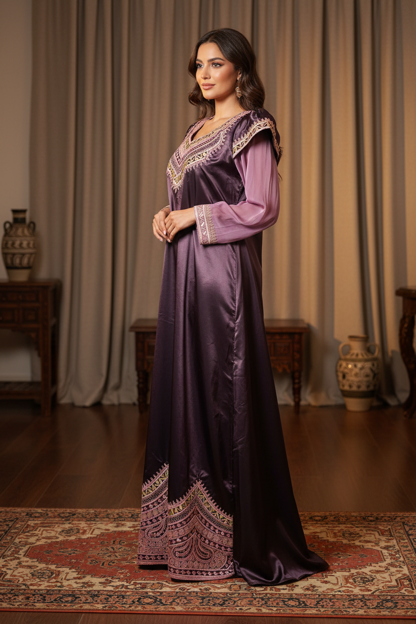 Femme portant la robe Annabia traditionnelle avec broderie dorée